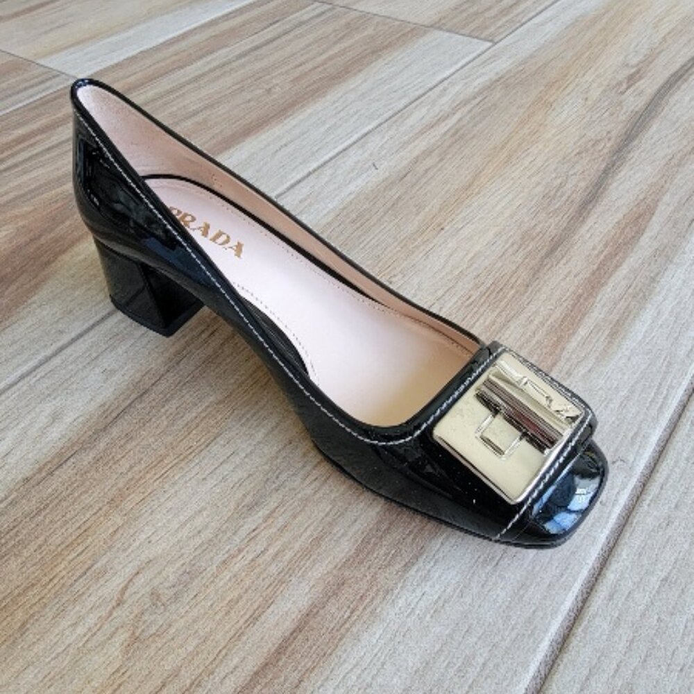 PRADA Patent Black Leather Buckle Logo Block Heel Shoes New